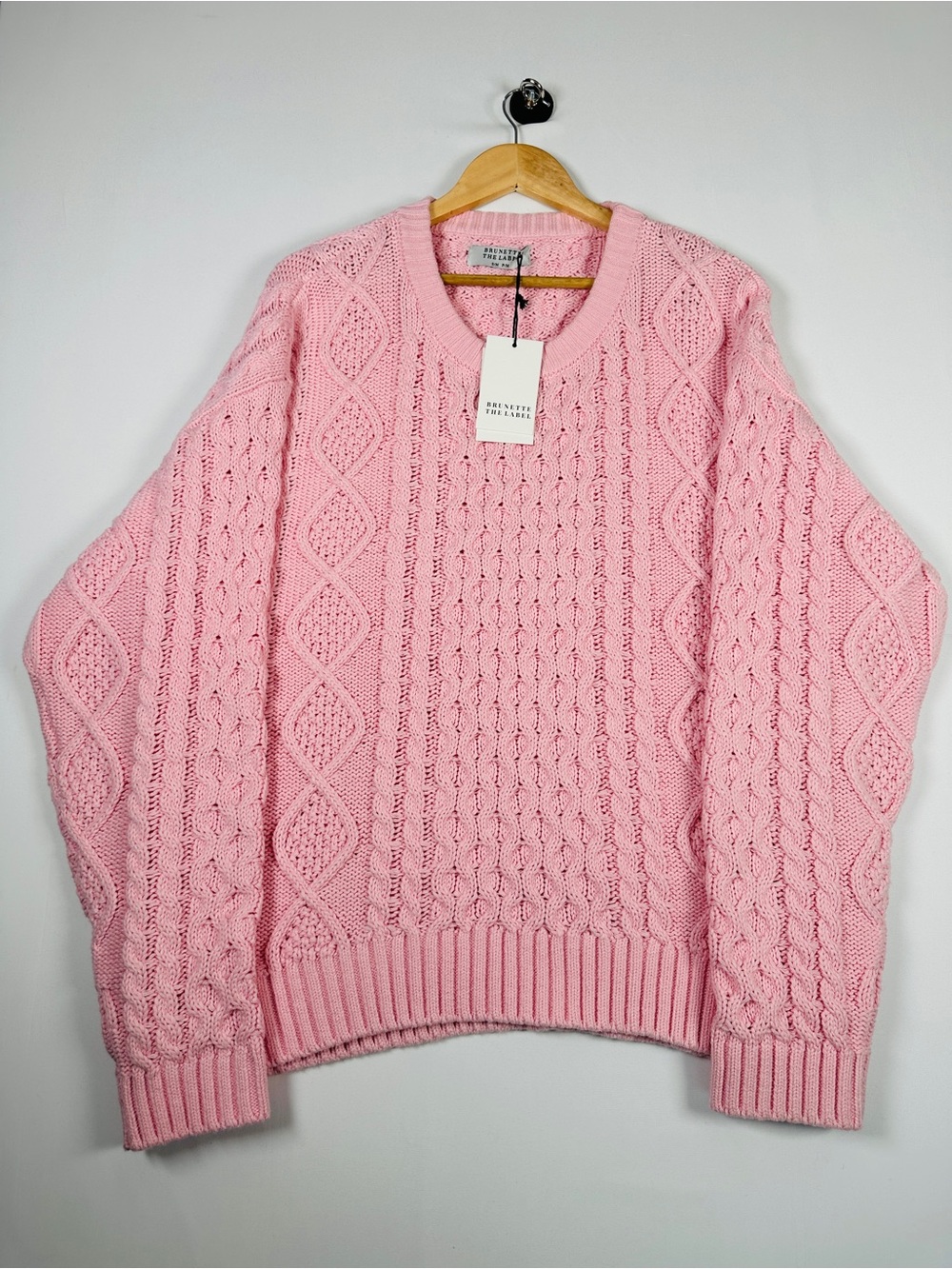 Brunette The Label Irish Cable Knit Crew Neck Sweater Pink S/M